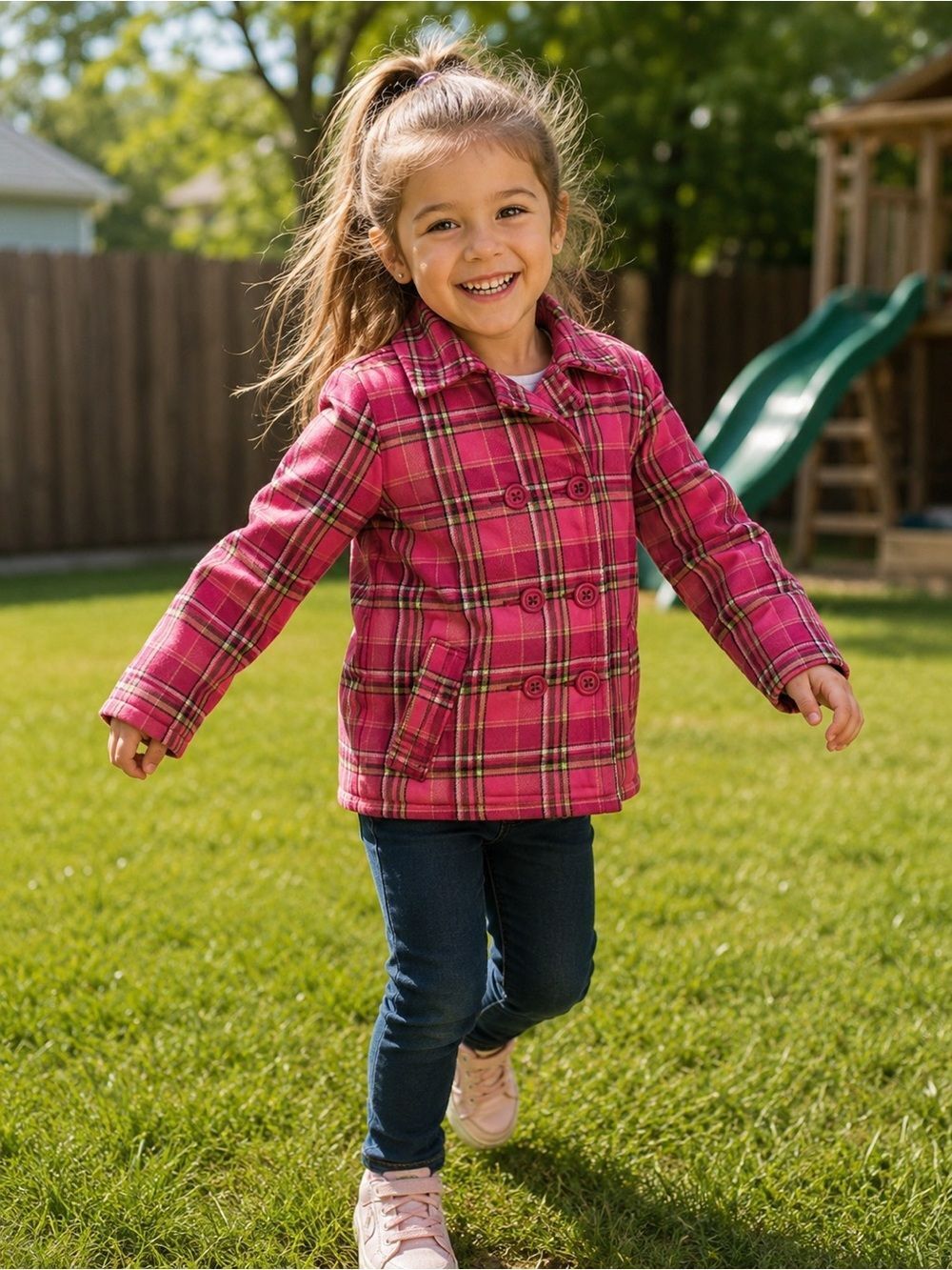 Gymboree plaid pea coat - girls size small 5/6 (A-08)